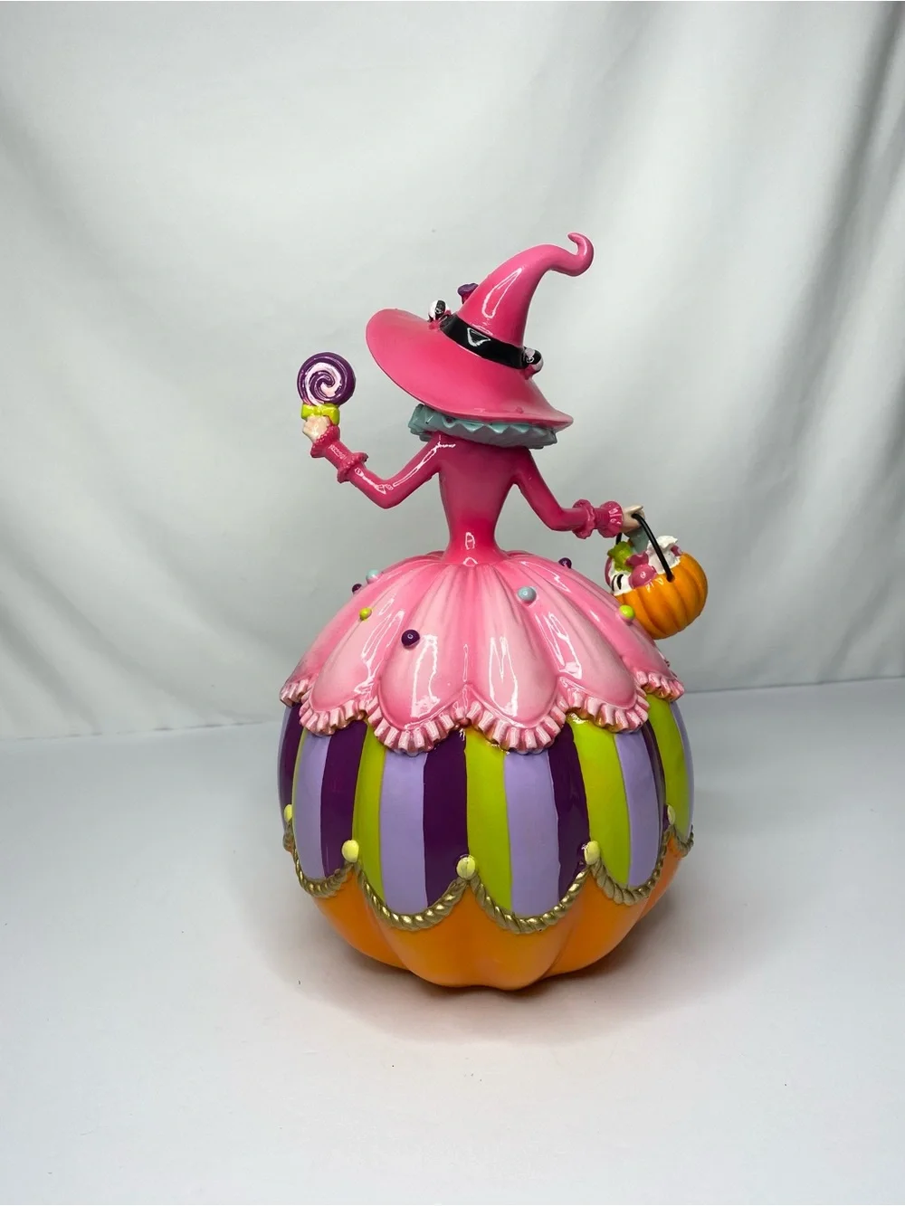 Whimsical Halloween Pink Fairy Witch Pumpkin Candy Base Figurine 10.5